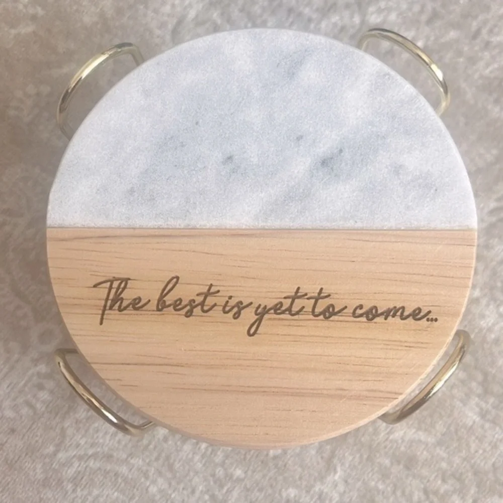 Brand New Genuine Marble & Organic Wood Coaster Set Engraved Gold Tone Holder